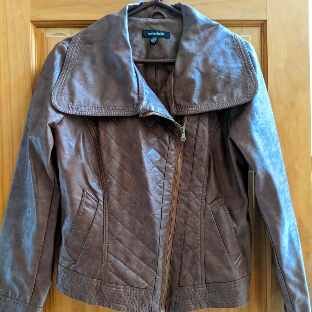 Sienastudio Asymmetrical Zip Front Bomber Jacket/Coat Size: Large Color: Brown